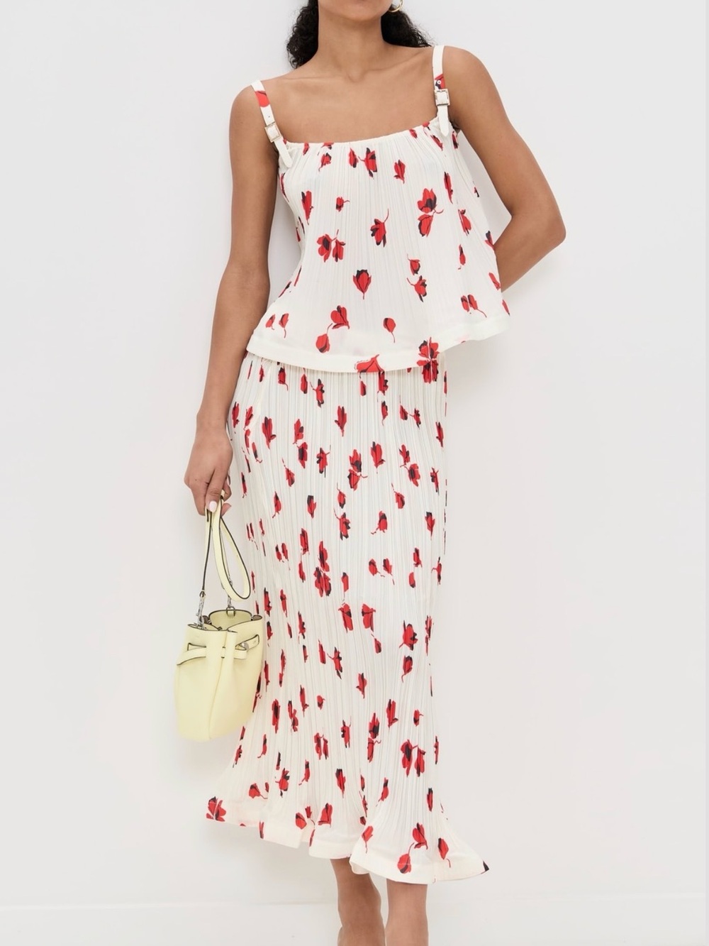 Self-Portrait White Maxi Skirt and top set with Red Floral Print